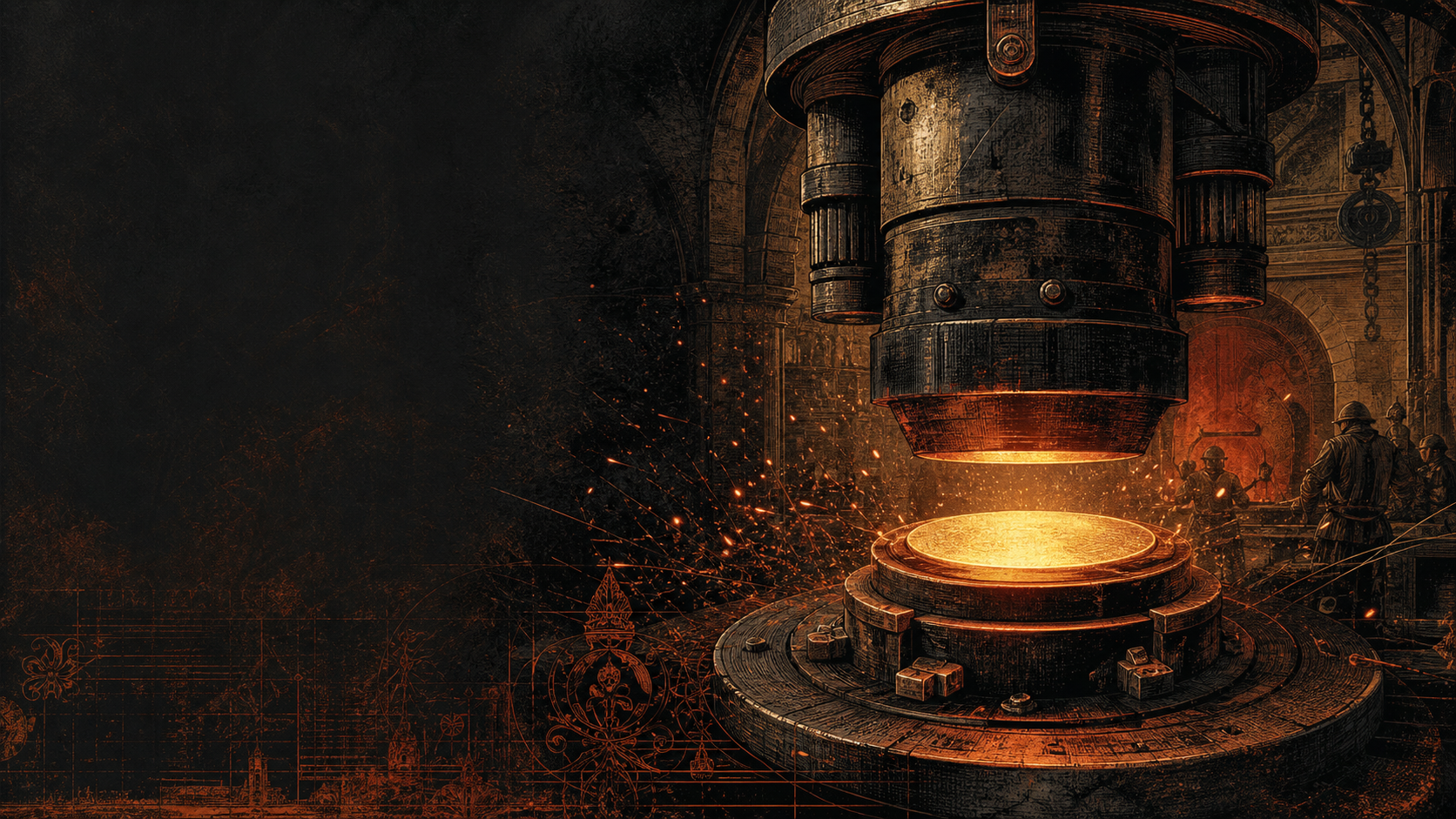 Engraved mechanical minting press above a glowing blank coin